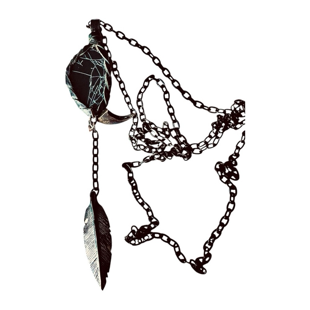 Leather Wrapped Black Stone Long Necklace Long Pendant Drop Native Boho Style - Picture 5 of 9